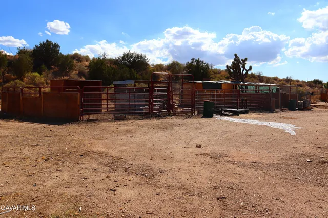 a view of a dry yard with a house