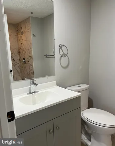 a bathroom with a sink mirror vanity and toilet