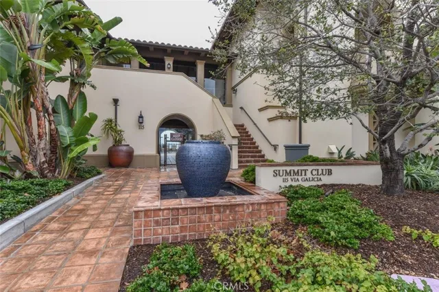 a view of a garden with plants and large trees