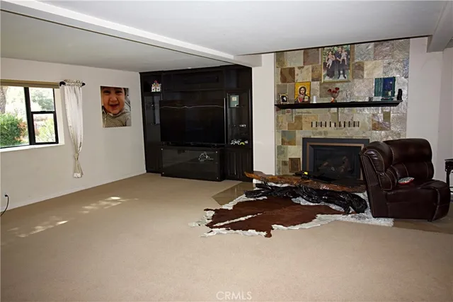 a living room with furniture a fireplace and flat screen tv