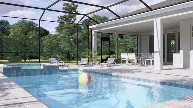 a view of a house with swimming pool and porch with furniture