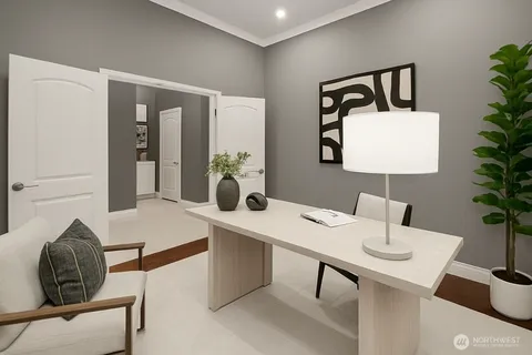 a view of kitchen island with furniture and wooden floor