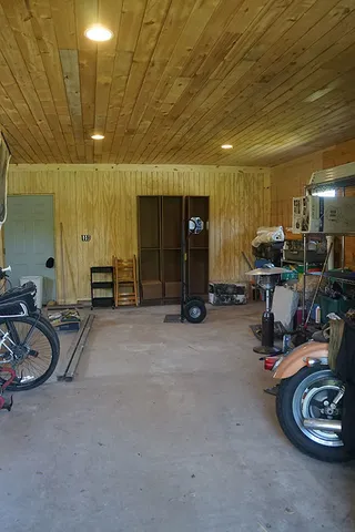 a view of a park with large trees