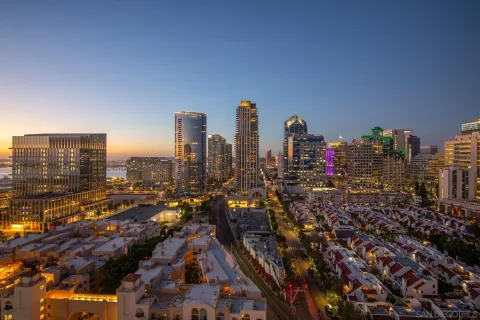 a city view with tall buildings