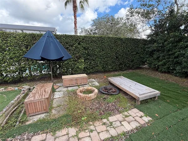a garden view with a seating space
