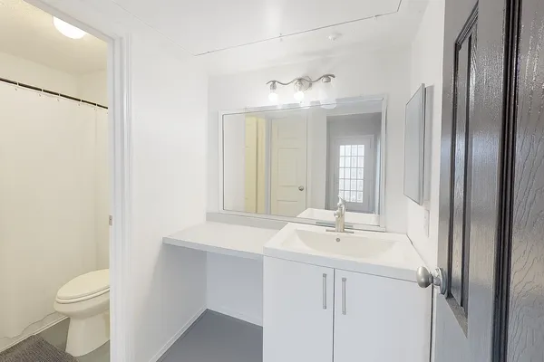 a bathroom with a sink toilet and mirror