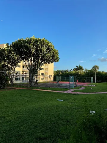 a view of a park with large trees