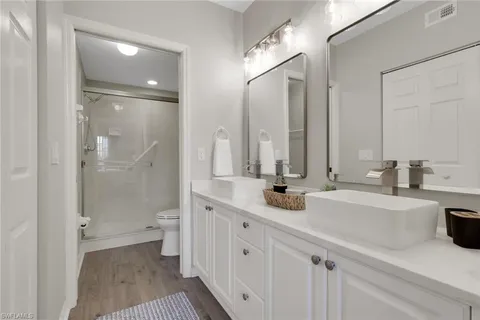 a bathroom with a sink a toilet and a large mirror