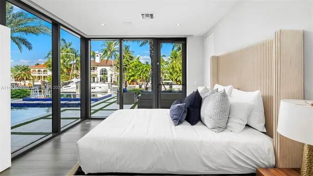 a bedroom with a bed and a large window