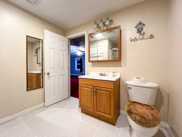 a bathroom with a sink a toilet and mirror