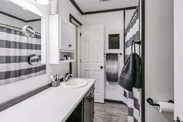 a bathroom with a sink and a mirror