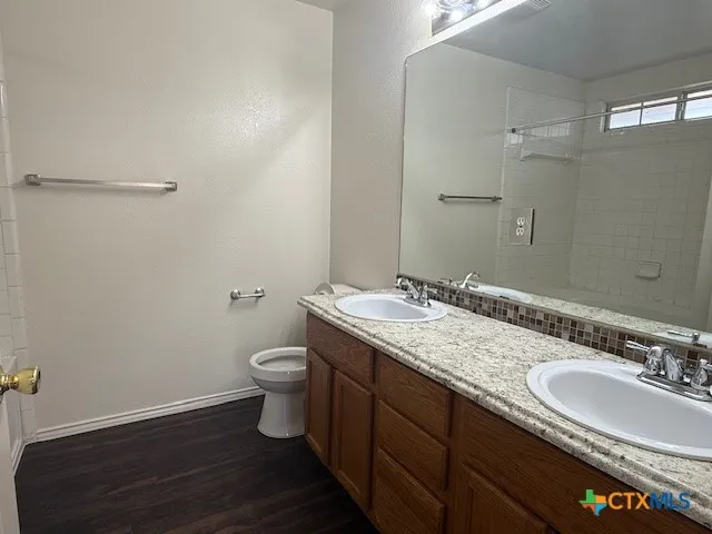 a bathroom with a granite countertop sink toilet and a mirror