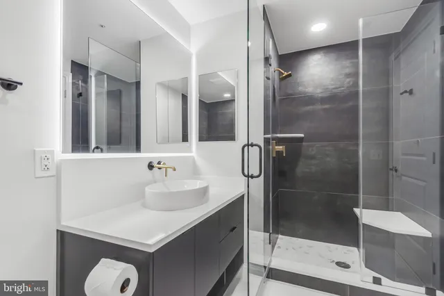 a bathroom with a sink mirror and shower