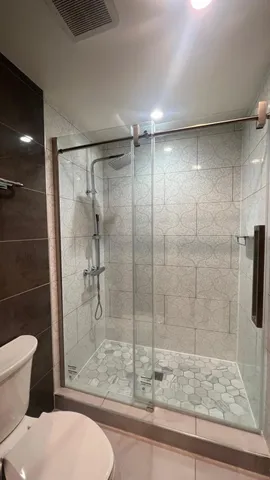 a bathroom with a shower a toilet and a glass window