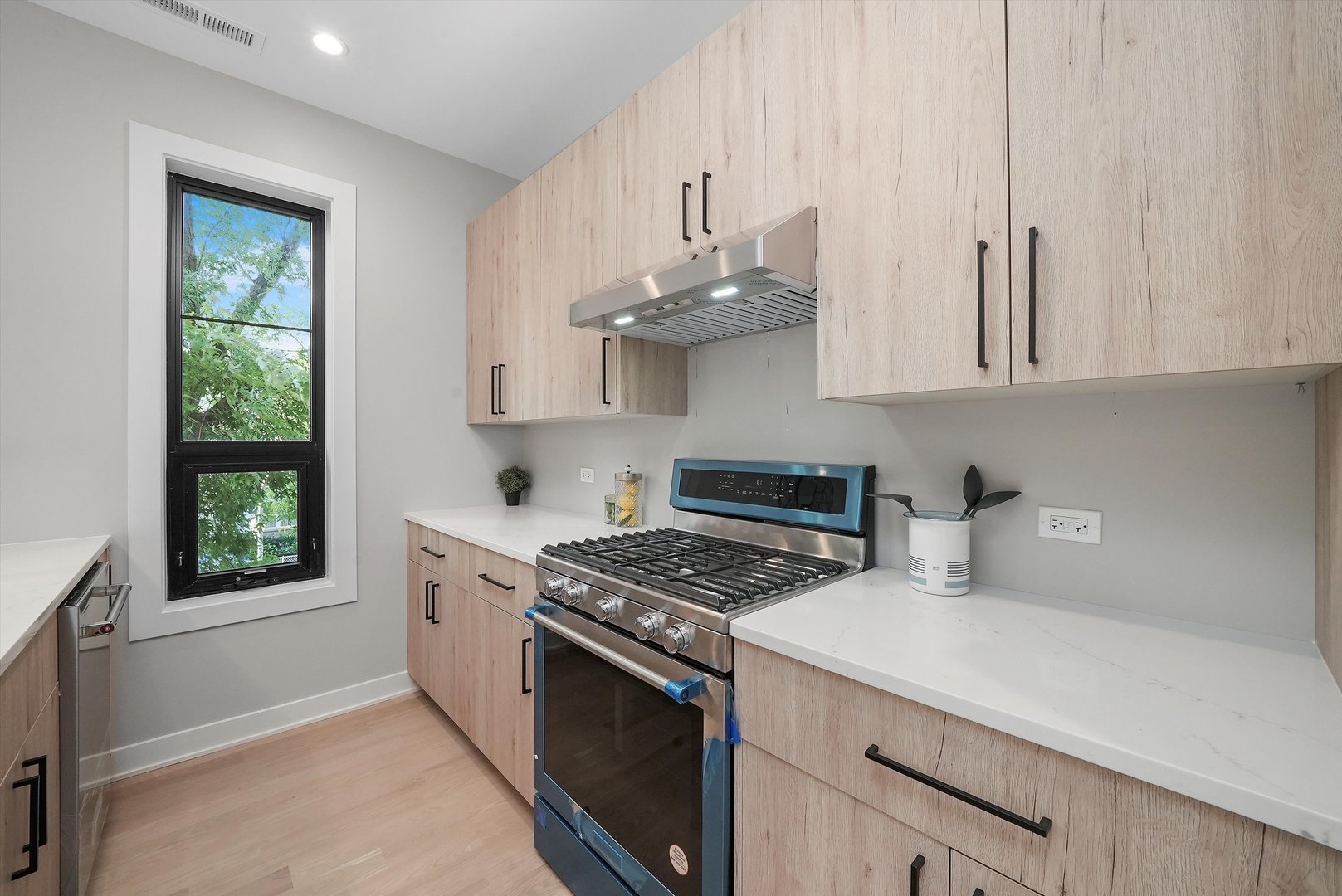 6246 North Pulaski Road, Unit 204 Chicago, IL 60646 - Photo 16 of 38 a kitchen with stainless steel appliances a stove a sink and a white cabinets