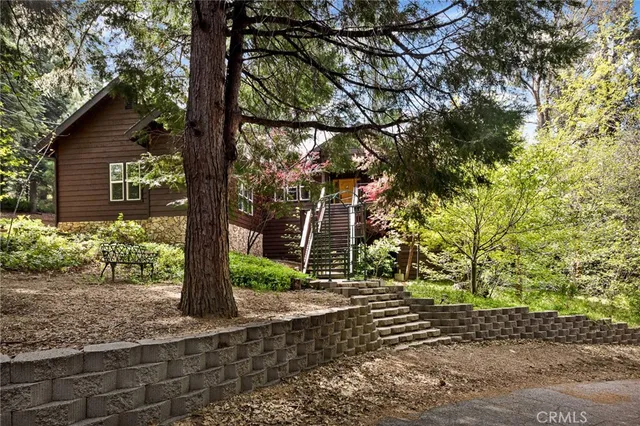 a view of a street with large trees