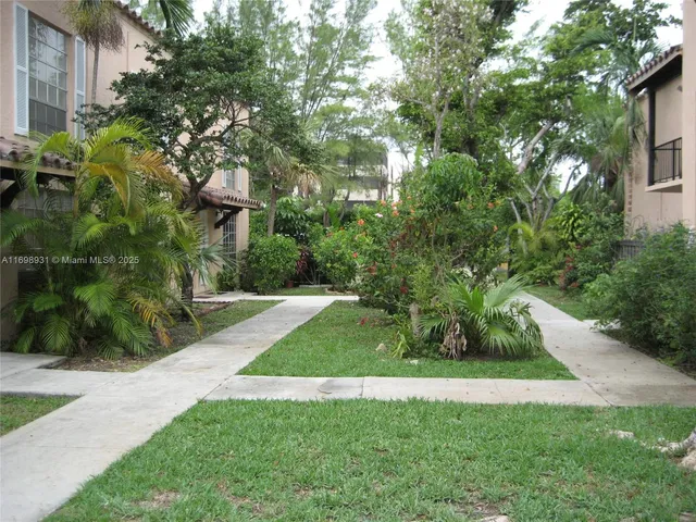 a view of a yard with plants and large trees