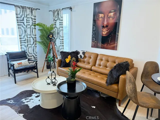a living room with furniture and a potted plant