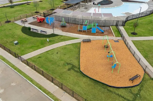 an aerial view of a backyard