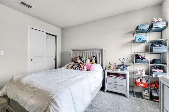 a bedroom with a bed and a closet