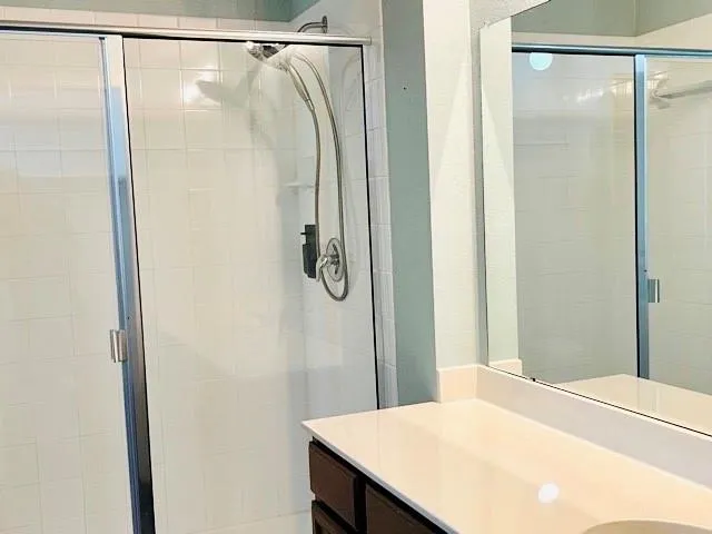 a bathroom with a shower and a sink