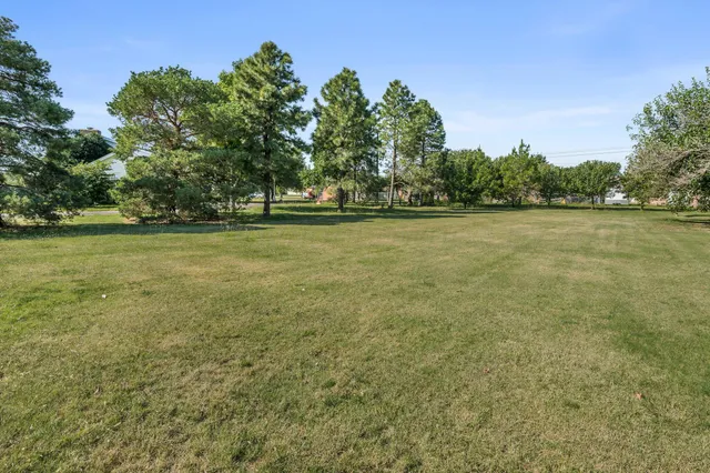 a view of a field with trees in the background