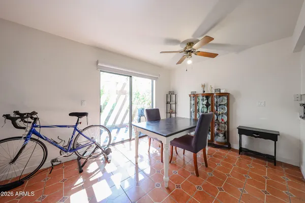 a view of a dining room with furniture