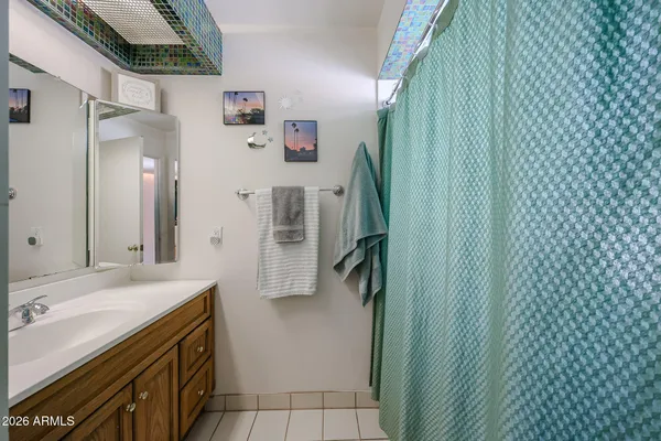 a bathroom with a sink a mirror and a shower