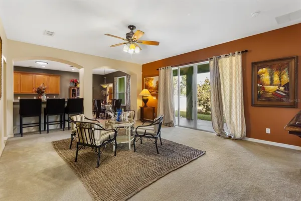 a view of a dining room with furniture