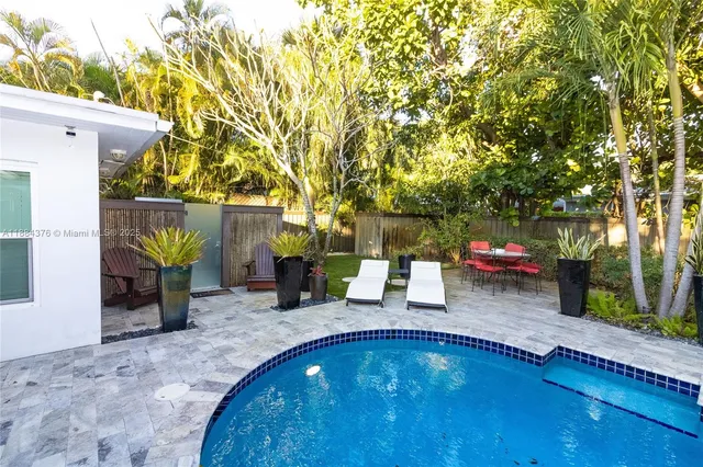 a backyard of a house with table and chairs