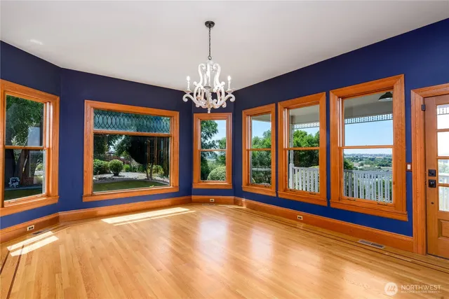 a view of a room with a large windows