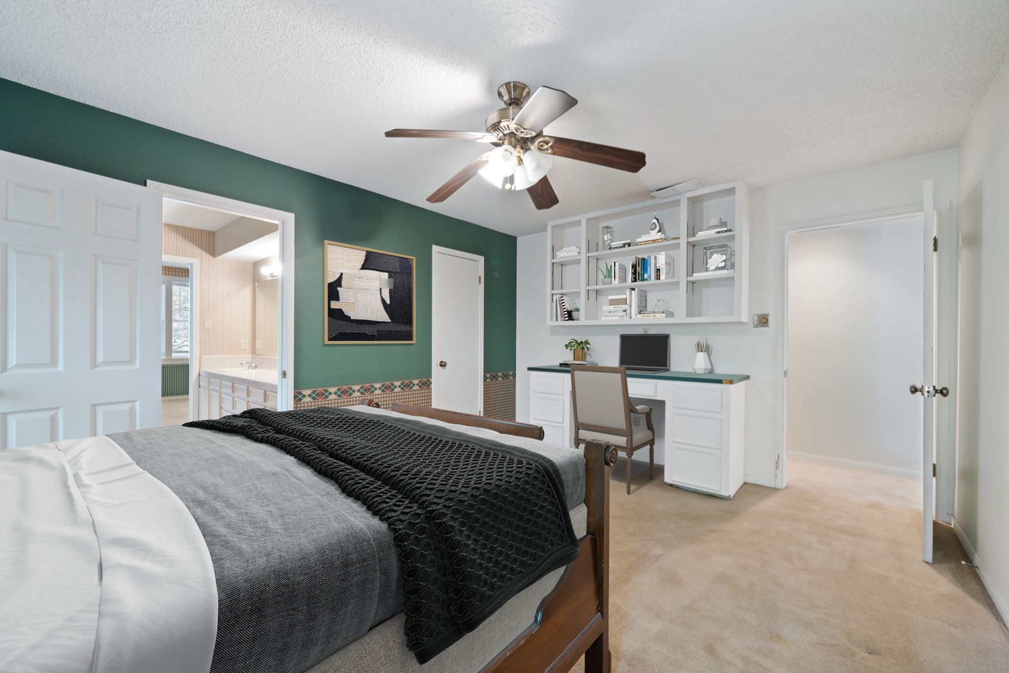 3541 Highway 159 La Grange, TX 78945 - Photo 22 of 38 Virtually Staged: Secondary bedroom with carpet floors, a ceiling fan, and built-in shelves.