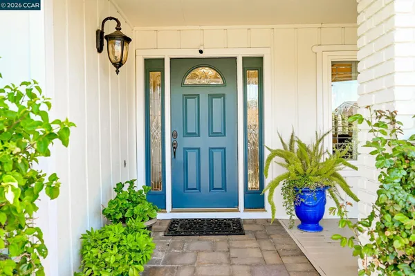 a front view of a house with a potted plant