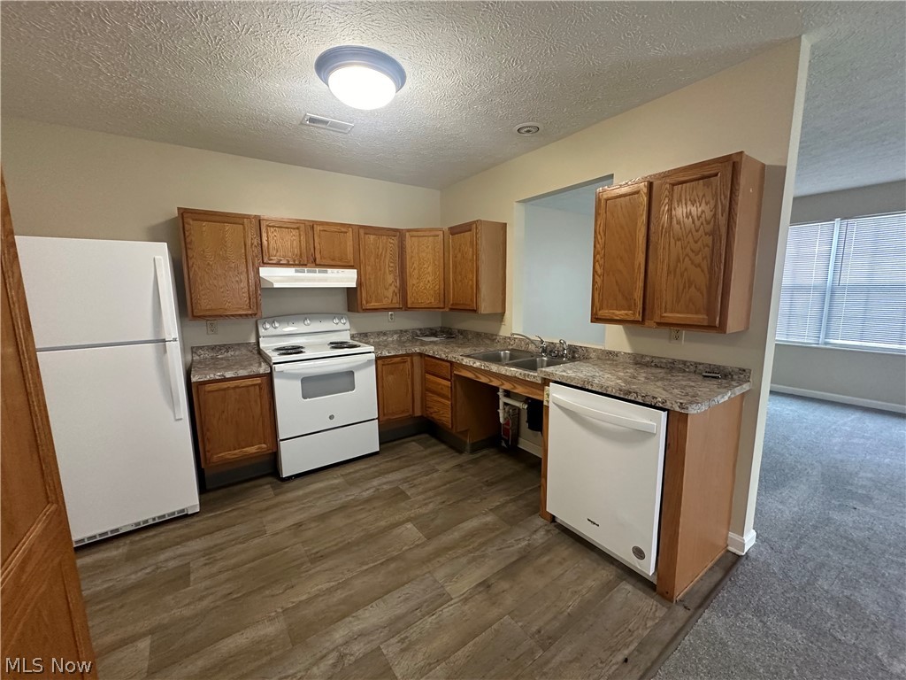 9060 Maple Grove Road Windham, OH 44288 - Photo 11 of 18 Kitchen featuring sink, dark colored carpet, a textured ceiling, and white appliances