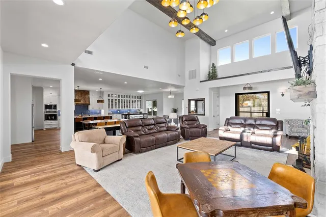 a living room with furniture a dining table and a potted plant