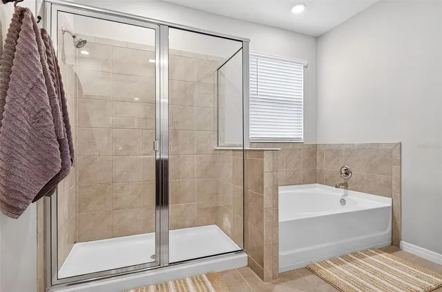 a bathroom with a bathtub and a shower