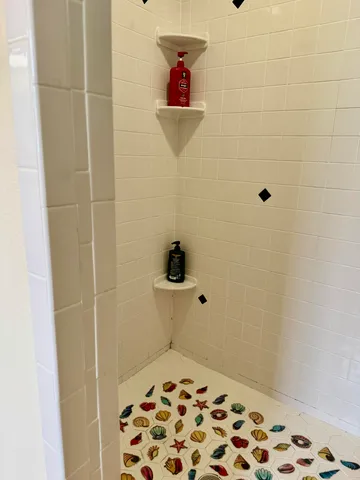 a bathroom with a shower and a sink