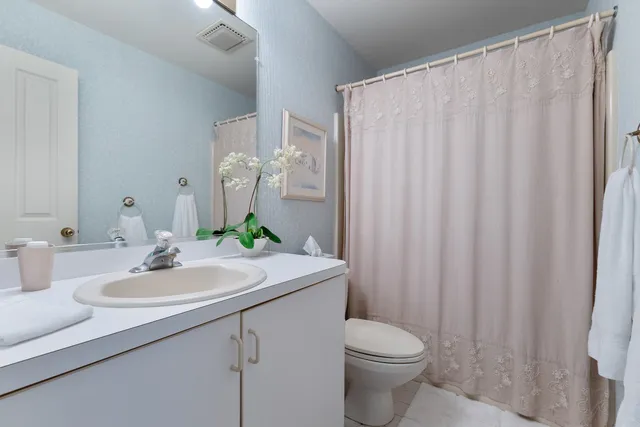 a bathroom with a sink a toilet and shower curtain