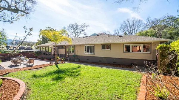 a patio with table and chairs and a large tree