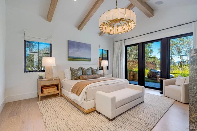 a spacious bedroom with a bed and a large window