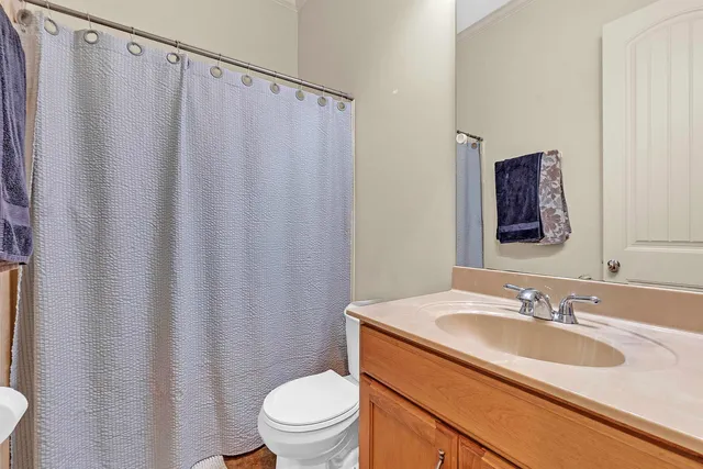 a bathroom with a sink a toilet and shower curtain