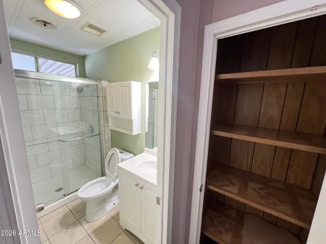 a bathroom with a shower and toilet
