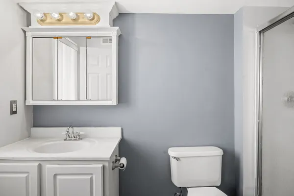 a bathroom with a sink a toilet and a mirror