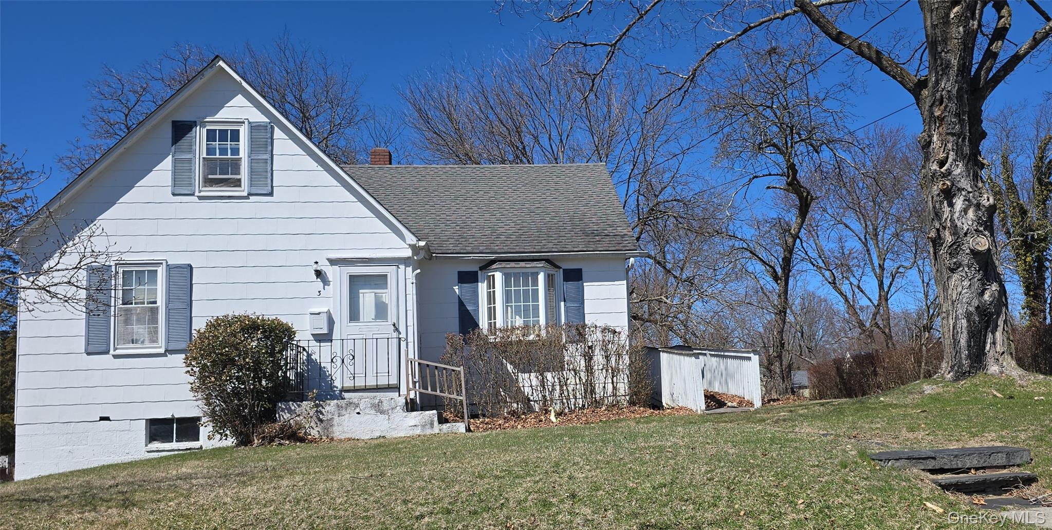 View of front of house featuring a front lawn, roof with shingles, and a chimney