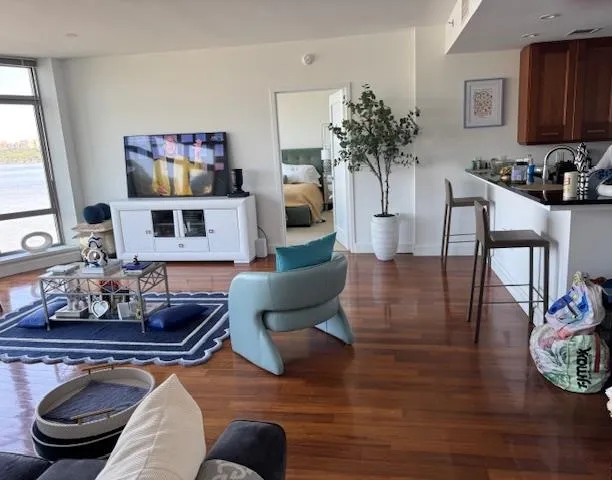 a living room with furniture and a potted plant