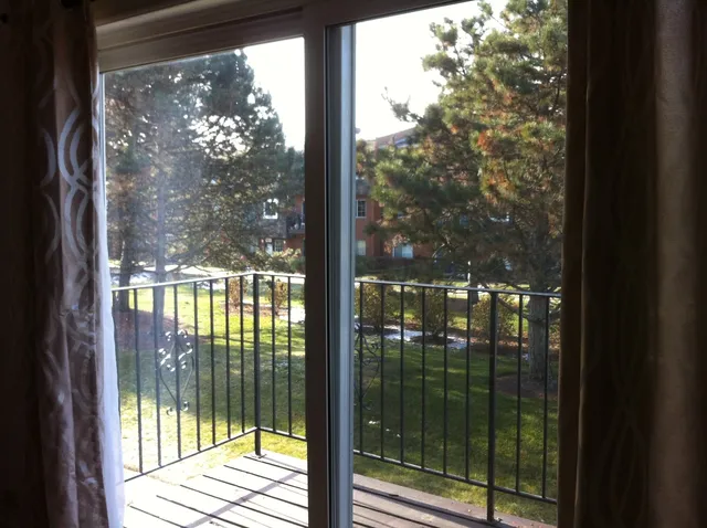 a view of a glass door with a tree in the background
