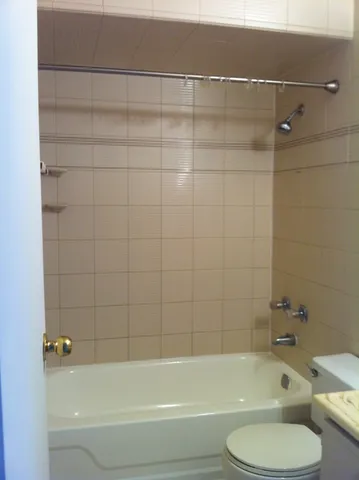 a bathroom with a bathtub and a toilet