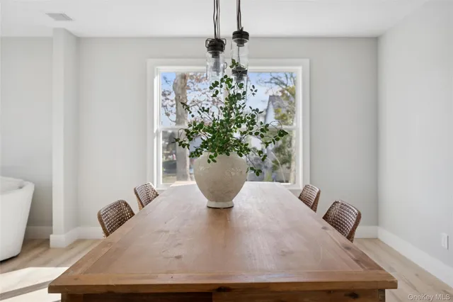 a view of a dining room with furniture and a potted plant