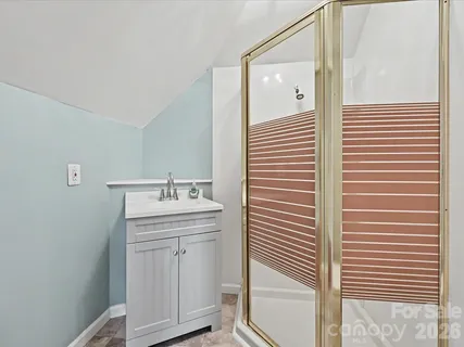 a bathroom with a sink a mirror and a shower