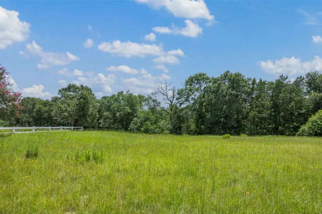 a view of a field with an trees in the background